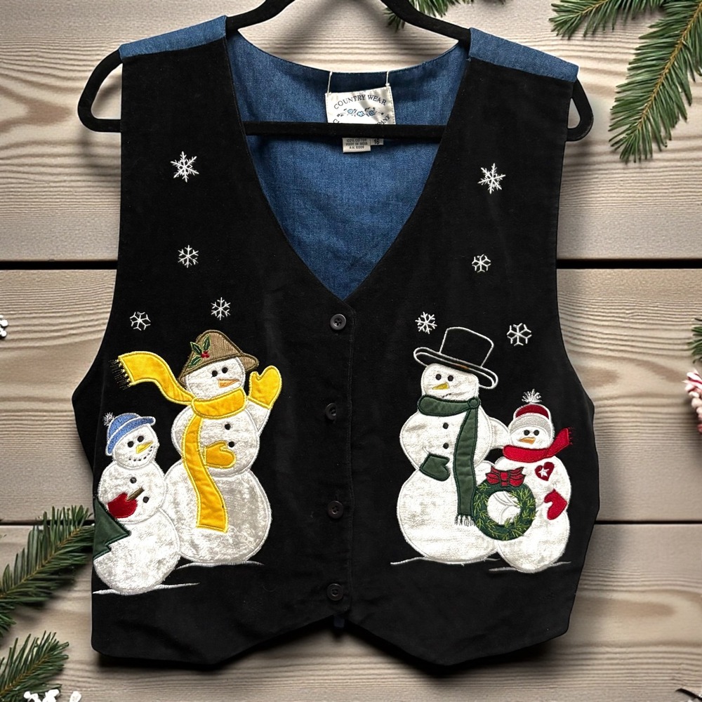 Vintage 1998 Country Wear Snowman Reversible Vest‎ Black Denim Womens 16 Holiday